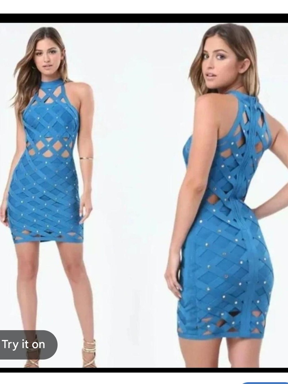 bebe Electric Blue Lattice Halter Bodycon Dress